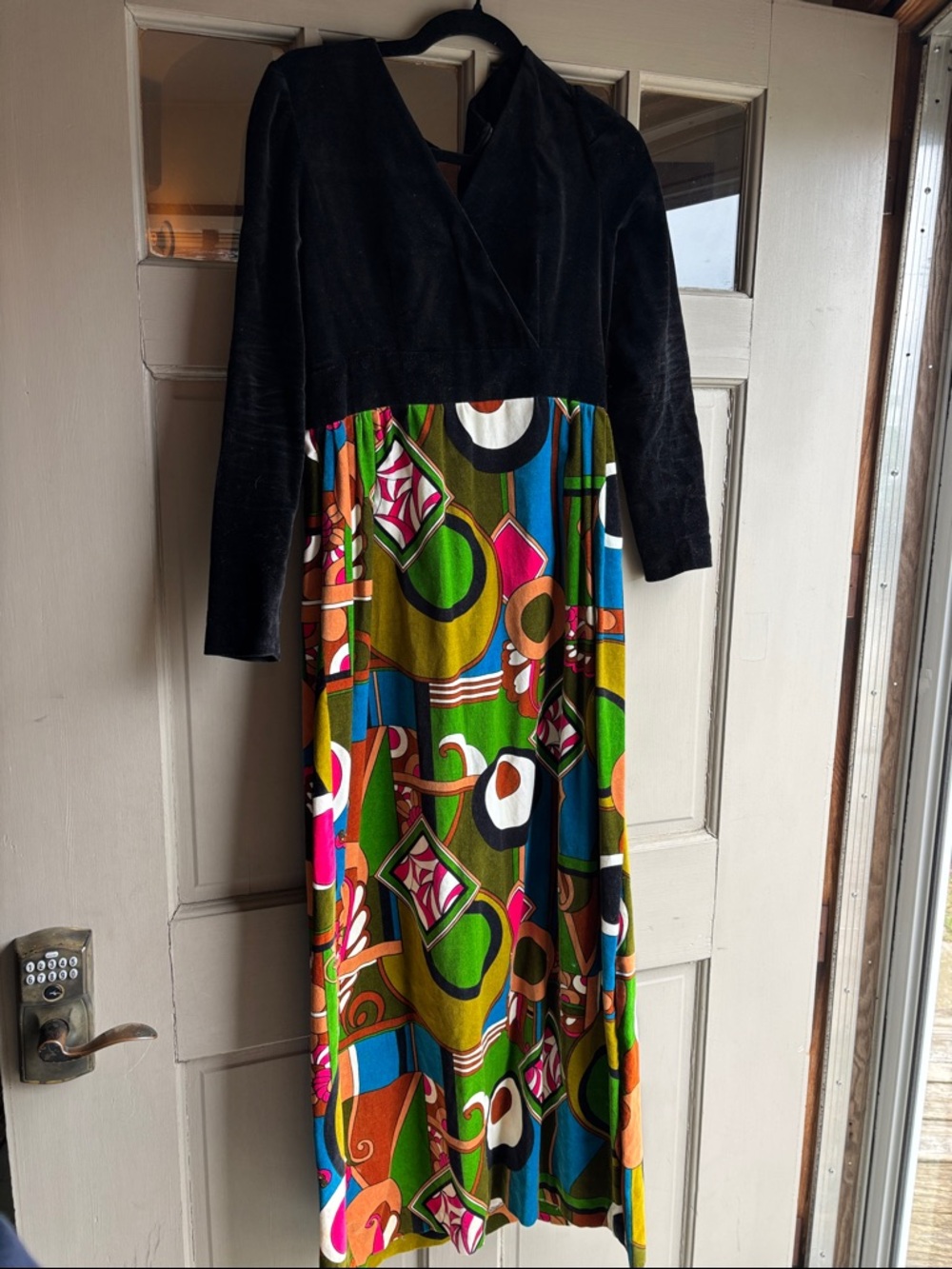 Vintage Black Top with Multicolor Geometric Maxi Dress